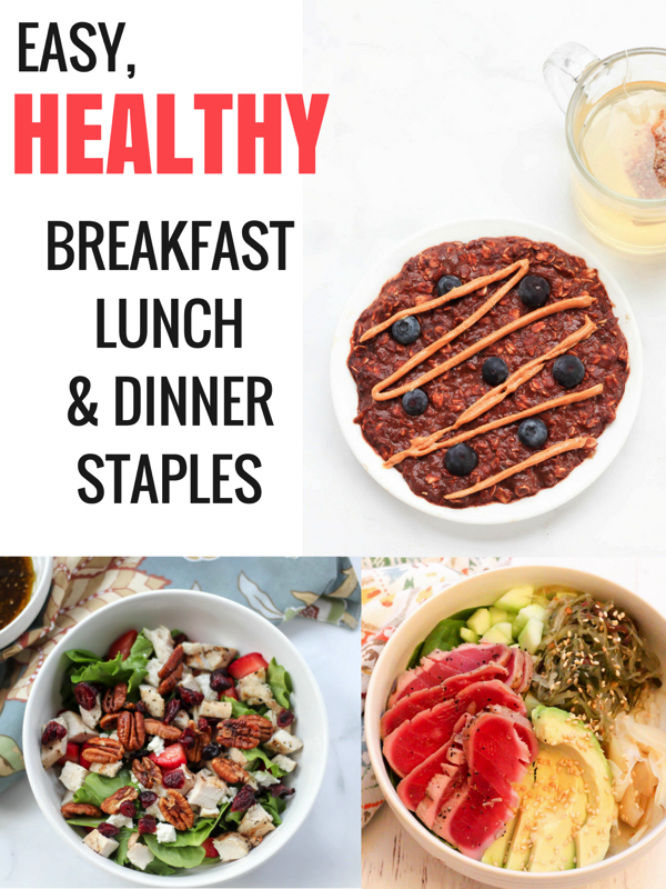 Easy and healthy breakfast, lunch and dinner ideas! Perfect for weekly meal prep. fitnessista.com #healthybreakfast #healthylunch #healthydinner #easyhealthymeals
